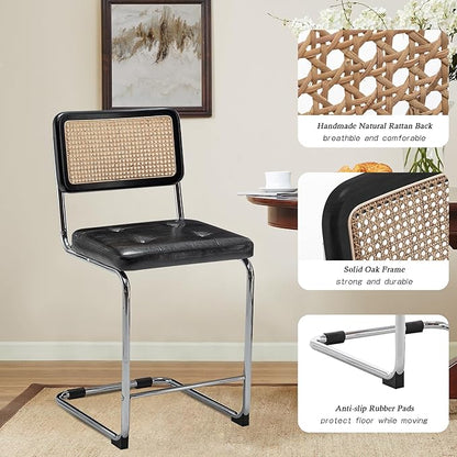 Alunaune 24inch Black Rattan Barstools Set of 2, Upholstered Modern Counter Bar Height Stools with Metal Chrome Legs for Living Room-PU Seat