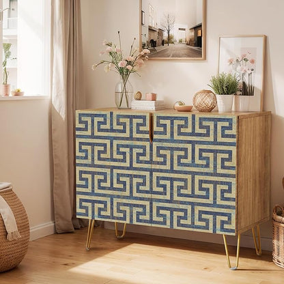 SIGNWIN Sideboard Buffet Cabinet, Kitchen Storage Cabinet with 2 Doors, Geometric Duotone Blue Line Patterns, Cupboard Console Table for Dining Room - 35" L x 18" W x 29" H