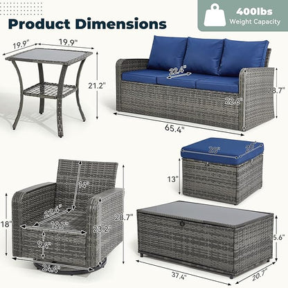 7 Pieces Outdoor Patio Furniture Set with Swivel Chairs, Wicker Patio Furniture for Porch Deck Bistro Lawn Garden Backyard Poolside-Blue