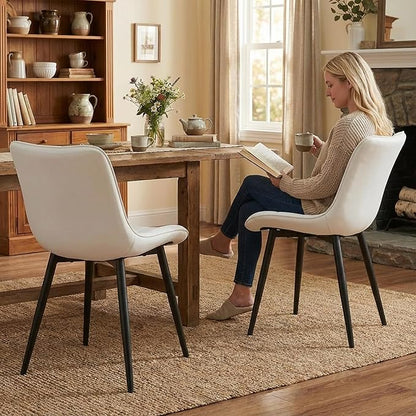 YOUTASTE White Dining Chairs Set of 2, Faux Leather Upholstered Armless Chairs with Back and Black Metal Legs, Mid Century Modern Kitchen Chairs for Living Room, Vanity, or Guest Reception Room