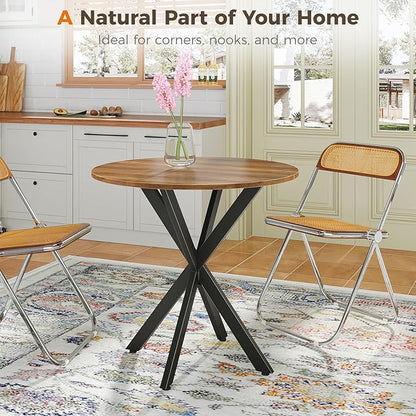 Unovivy 31.5" Small Round Dining Table for 2-4, Space Saving Circle Kitchen Dinner Table, Industrial Mid Century Modern Dining Room Desk for Kitchen, Apartment, Light Brown