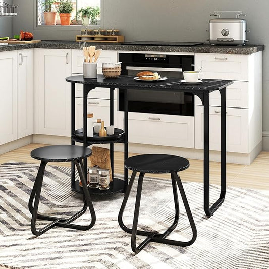 GOFLAME 3-Piece Dining Table Set, Modern Kitchen Table and 2 Stools with 2-Tier Storage Shelves and Metal Frame, Space Saving Wooden Dinette Set for Living Room, Breakfast Nook, Black