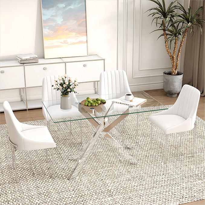 51.18" Rectangular Glass Dining Table, Tempered Glass Kitchen Tabe with Metal Legs, Stylish and Sturdy Dinner Table for Home and Outdoor Dining (Silver, 51.18'')