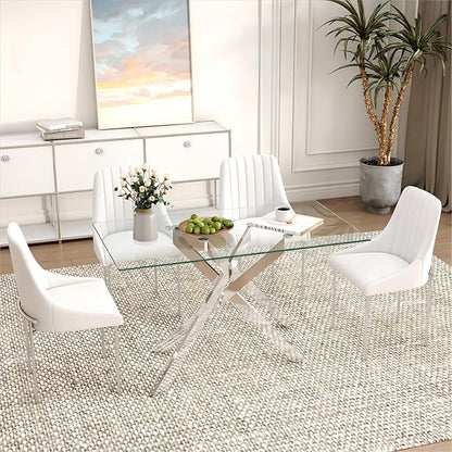 51.18" Rectangular Glass Dining Table, Tempered Glass Kitchen Tabe with Metal Legs, Stylish and Sturdy Dinner Table for Home and Outdoor Dining (Silver, 51.18'')