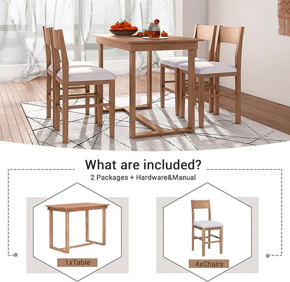 VilroCaz Farmhouse Counter Height Dining Table Set for 4, Wooden 5-Piece Kitchen Pub Bar Table Set, 47'' Rectangular Dining Table and 4 Upholstered Counter Height Chairs for Small Places (Brown-H)