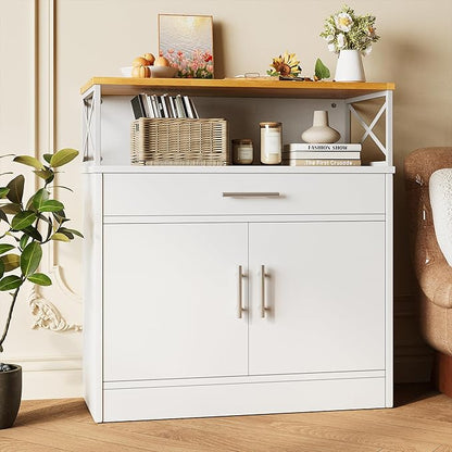 Vongrasig Coffee Bar Cabinet, Farmhouse Kitchen Storage Cabinet with Adjustable Shelf, 31“ Modern Sideboard Buffet Table for Kitchen, Dining Room, White