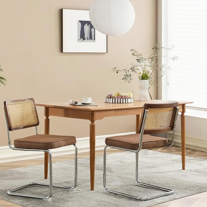 Rattan Back Linen Dining Chair Set of 2 Modern Breuer Designed Stainless Chrome Base Armless Upholstered Dining Chair for Dining Room, Kitchen Island(Coffee)