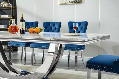 94 Inch White Marble Dining Table for 6-10 People, Modern Extra Long Rectangular Kitchen Table w/Faux Marble Top & Gorgeous Mirrored Stainless Steel Base, Large Rectangular Silver Dining Room Table