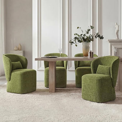 KISLOT Upholstered Dining Chairs with Wheels, Easy Assembly Stain Resistant Fabric Modern Barrel Armchair with Lumbar Cushion, Dining Room Chairs for Kitchen Living Room Bedroom, Green, Set of 1