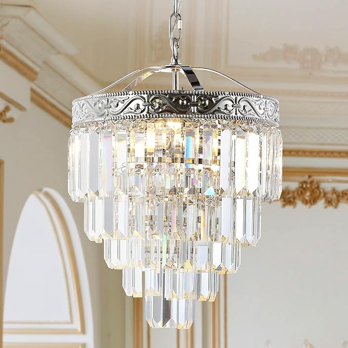 JONATHAN Y 12" Polished Nickel/Clear 2-Light LED Chandelier, Modern Tiered Pendant Light Fixture for Dining Room, Bedroom, Entryway with Clear Faceted Crystal Shade JYL9006A