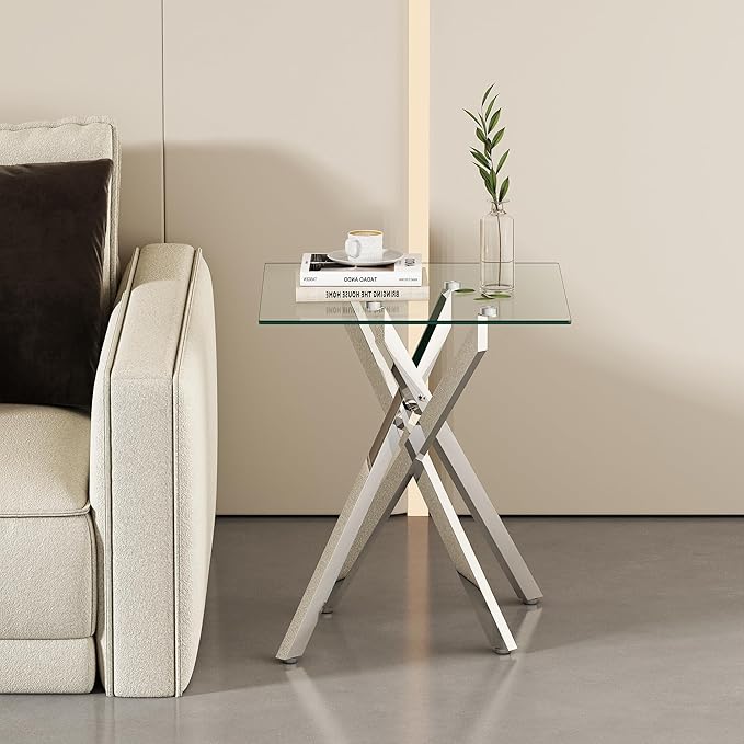 Square Side Table with X-Shaped Silver Chrome Metal Base, Tempered Glass End Tables Small End Table, Living Room Sofa Couch Side Table, Modern Bedsde Tables Bedroom Night Stand, Clear Nightstand