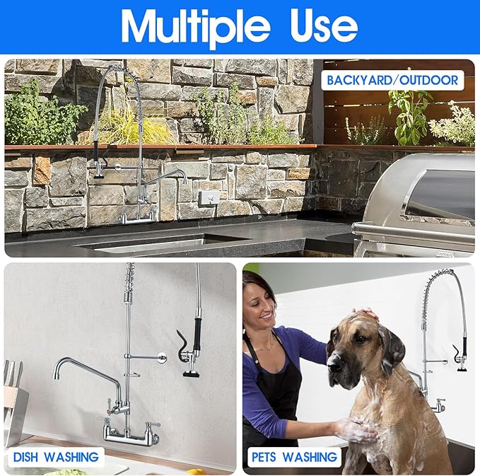 Commercial Kitchen Faucet with Pre-Rinse Sprayer 43" Height 8" Center Brass Constructed Wall Mount Kitchen Sink Faucet with Coiled Spring Pull Down Spray and 12" Add-on Swing Spout