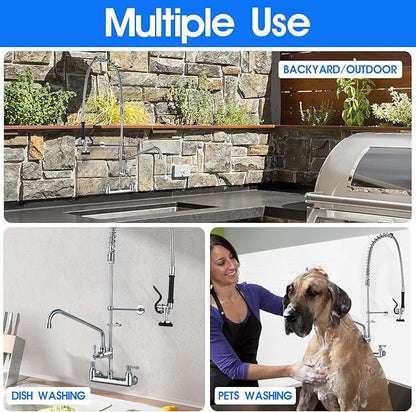 Commercial Kitchen Faucet with Pre-Rinse Sprayer 43" Height 8" Center Brass Constructed Wall Mount Kitchen Sink Faucet with Coiled Spring Pull Down Spray and 12" Add-on Swing Spout