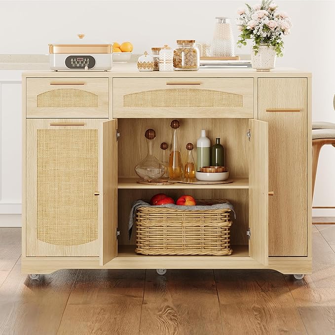 IDEALHOUSE 53.1" Rattan Kitchen Island with Storage, Rolling Dining Cart with Trash Storage Cabinet, Mobile Island Cart with Drop Leaf, Adjustable Shelves, Drawer, 5 Wheels (Natural)