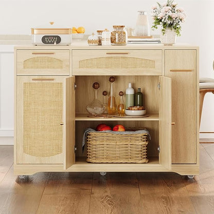 IDEALHOUSE 53.1" Rattan Kitchen Island with Storage, Rolling Dining Cart with Trash Storage Cabinet, Mobile Island Cart with Drop Leaf, Adjustable Shelves, Drawer, 5 Wheels (Natural)