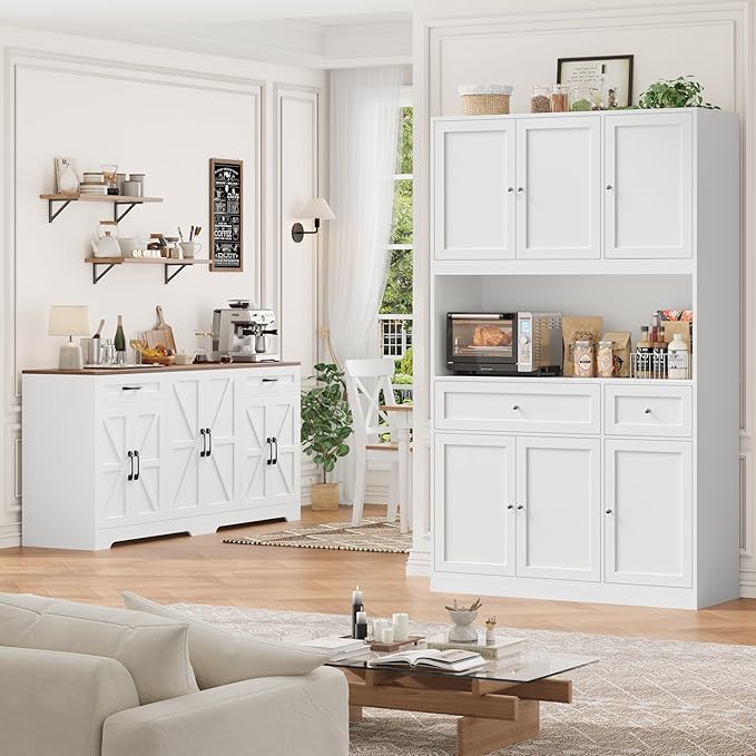 BOTLOG 2PCS Kitchen Cabinets, 71” Large Sideboard Buffet Cabinet with Storage, 72" Tall Pantry Cabinet with Microwave Stand, Wood Coffee Wine Bar Console Table for Kitchen, Dining Room, White