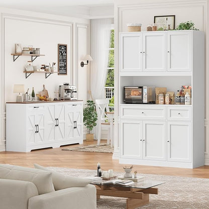 BOTLOG 2PCS Kitchen Cabinets, 71” Large Sideboard Buffet Cabinet with Storage, 72" Tall Pantry Cabinet with Microwave Stand, Wood Coffee Wine Bar Console Table for Kitchen, Dining Room, White