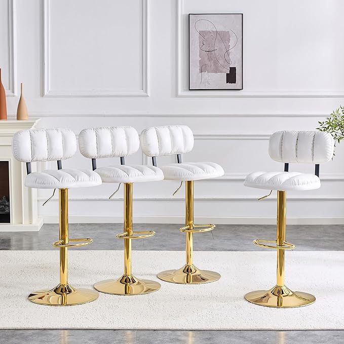 Set of 2 Adjustable Height Bar Stools, White PU Leather Upholstered Seating with Gold Metal Base Footrest, Stools for Kitchen Island, Home Bar, Living Room