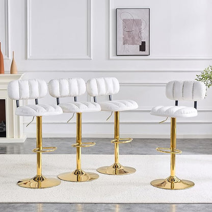 Set of 2 Adjustable Height Bar Stools, White PU Leather Upholstered Seating with Gold Metal Base Footrest, Stools for Kitchen Island, Home Bar, Living Room
