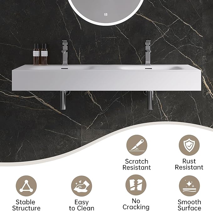 Wall Mount Double Bathroom Sink 47"L x 18"W x 5"H, Resin Stone Floating Sink with Facuet Holes, Rectangle Countertop Freestanding Vessel Sinks (Double Holes 47'')