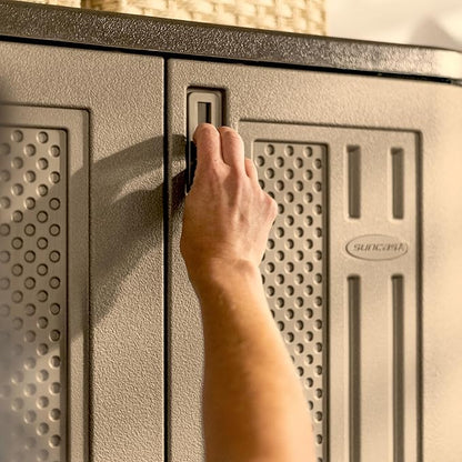 Suncast 31 Cubic Feet Mega Tall Storage Cabinet with 3 Adjustable Shelves, Platinum Metallic & Slate – Garage or Basement Utility Resin Organizer with 75 Pound Capacity Per Shelf and Lockable Doors