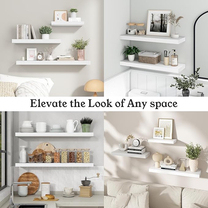 Floating Shelves for Wall, 9.3" Deep Wall Mounted Wood Shelves for Bathroom, Bedroom (White, 48)