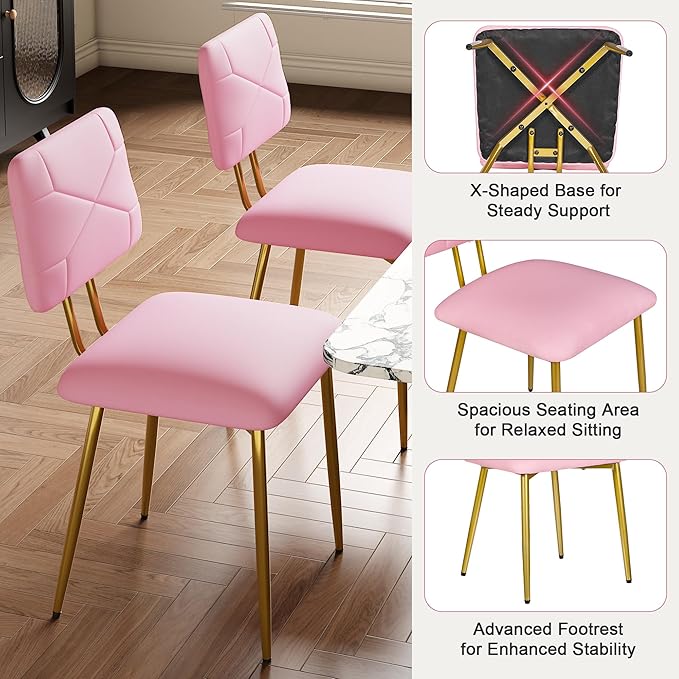 VECELO Dining Chairs Set of 4, Modern Upholstered Kitchen Chairs with Faux Leather Cushion Seat & Metal Legs for Kitchen, Living Room, Tufted Backrest Design, Pink