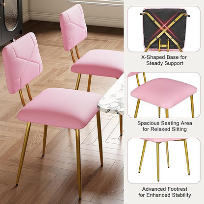 VECELO Dining Chairs Set of 2, Modern Upholstered Kitchen Chairs with Faux Leather Cushion Seat & Metal Legs for Kitchen, Living Room, Tufted Backrest Design, Pink