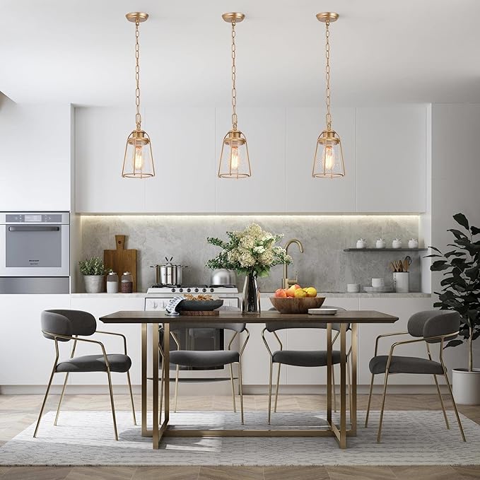 classy leaves Gold Pendant Lights, Modern Pendant Lighting Kitchen Island with Seeded Glass Shade, Hanging Light Fixtures for Foyer, Hallway, Entryway, Dark Gold Finish