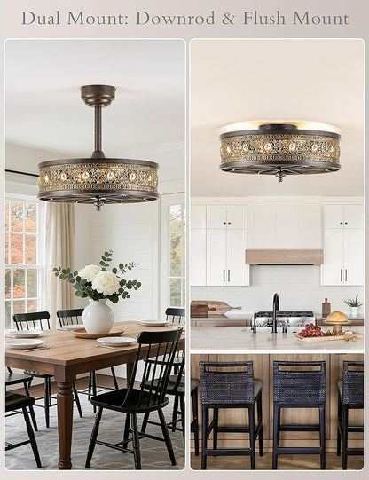 Chandelier Ceiling Fan with Light,Antique Bronze Caged Bladeless Enclosed Fandelier,Vintage Ornate Elegant Crystal Light Fixture,Hanging/Flush Mount for Bedroom,Kitchen Island,Dining Room,Living Room