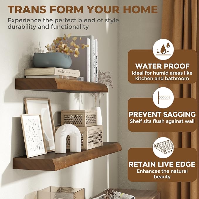RICHFOCUS Live Edge Wood Floating Shelves for Wall 36" Natural Solid Wood Wall Mounted Shelf|8 Inch Deep Wooden Floating Shelves with Invisible Bracket for Bathroom Kitchen Room|2Pcs, Walnut