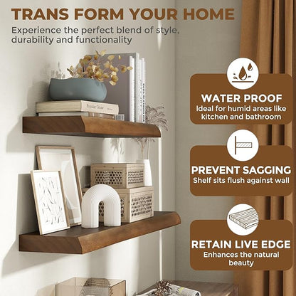 RICHFOCUS Live Edge Wood Floating Shelves 55" Natural Solid Wood Wall Mounted Shelf|Extra Long Floating Shelves for Wall with Invisible Bracket for Bathroom Kitchen Room|1Pcs, Walnut