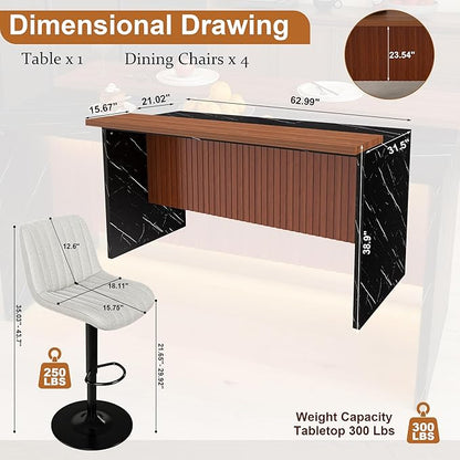 Montary 63-inch Modern Kitchen Island and Dining Table Set with 4 Swivel Stools, Marble-Look Countertop with LED Lights and Metal Grille Design, for Kitchen, Living Room,Black & Beige