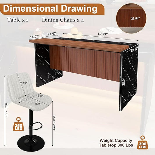 63-inch Modern American Kitchen Island Set with 4 Beige Bar Stools - Black Marble Look MDF Surface,3-Color Dimmable LED Lighting，Grill Design,Seats 4-6 for Dining Room, Lounge，Walnut+Black