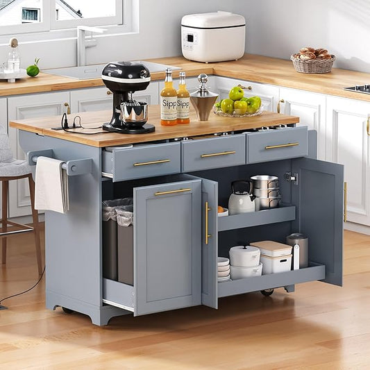 59.3" Kitchen Island with 2 Pull Out Cabinet Organizers & Rubber Wood Drop Leaf, Rolling Kitchen Island with Trash Can Storage, Power Outlet, Spice & Towel Rack for Kitchen, Dining, Grey Blue