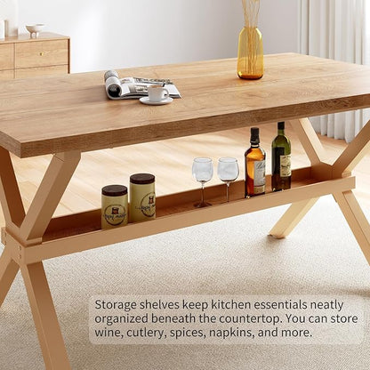 HIPIHOM 63" Dining Table with Storage Shelves, Crafted with MDF Desktop and Heavy Duty Metal Legs, Dining Sets for Kitchen & Dining Room Furniture, Small Spaces