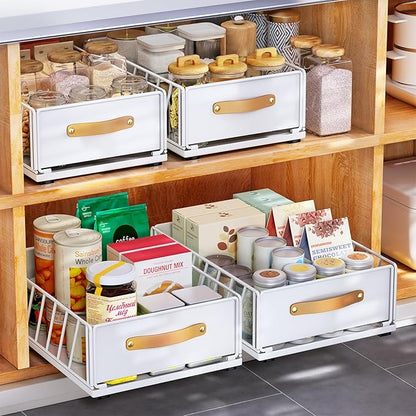 Pull out Cabinet Organizer,Heavy Duty Slide out Pantry Shelves Drawer Storage with Adhesive Nano Film,Sliding Mesh Cabinet Basket with Handle for Kitchen, Bathroom, Home, 11.8W" X 15.7"D X 6.2"H,White