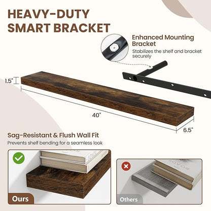 Acovy 40 Inch Floating Shelves for Wall 2 Pack, 40" Wall Shelves for Books, Storage, Decor, Wall Mounted Floating Shelf with Invisible Brackets for Kitchen, Living Room, Brown