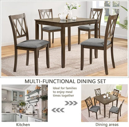 5-Piece Dining Table Set for 4 People, Wooden Kitchen Table and Chairs Set of 4, Farmhouse Rustic Style Dining Room Table Set for Kitchen and Dining, Dark Walnut