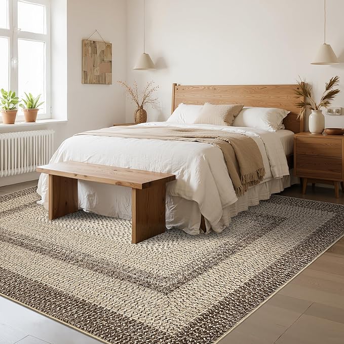 Imitation Braided Collection-Print Farmhouse Living Room Area Rug 8x10 Non-Slip Washable Rugs, Modern Large Carpet, Stain Resistant Ultra-Thin Foldable Floor Cover for Nursery Dining Room