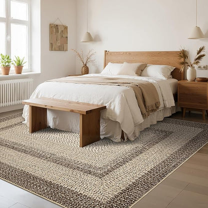 Imitation Braided Collection-Print Farmhouse Living Room Area Rug 8x10 Non-Slip Washable Rugs, Modern Large Carpet, Stain Resistant Ultra-Thin Foldable Floor Cover for Nursery Dining Room