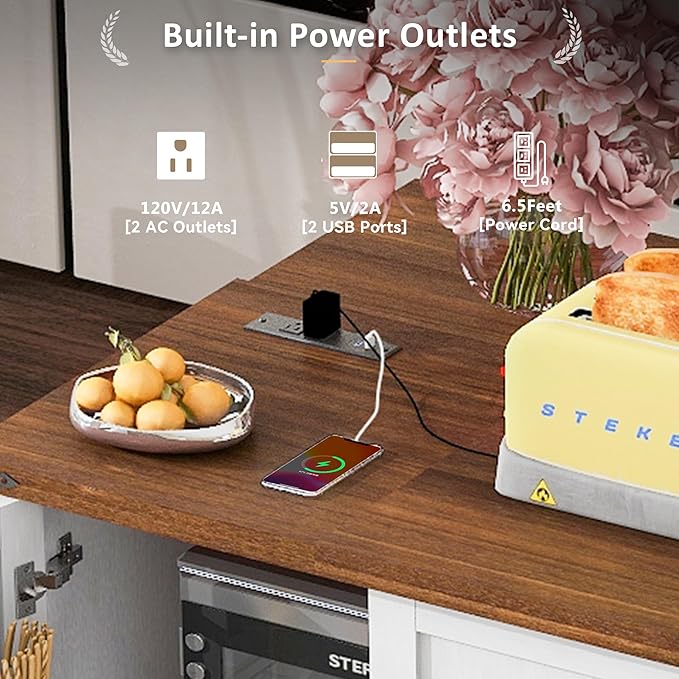 Farmhouse Kitchen Island with Power Outlet, Kitchen Storage Island with Internal Storage Rack, Drop Leaf, Spice Rack, Rolling Kitchen Cart on Wheels, for Home, Kitchen and Dining Room (White#049)