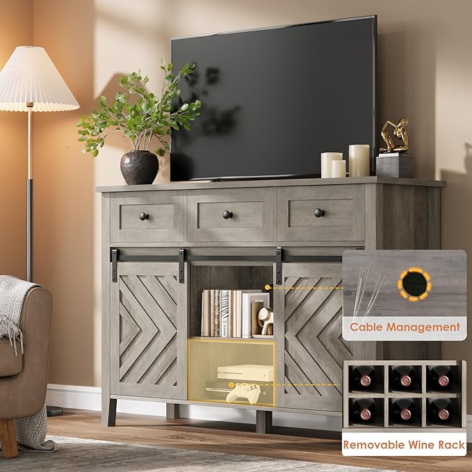 CABIHOME Farmhouse 47.2'' Buffet Cabinet with Sliding Barn Door, 33.4'' Tall Rustic Sideboard with 3 Drawer, Adjustable Shelf and Removable Wine Rack for Dining Room, Kitchen, Living Room, Vintage