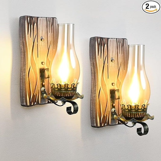 Rustic Wall Sconces Sets of 2, Oil Rubbed Bronze Wall Sconce Indoor Retro Wall Lamps with Amber Glass E12 Wood Bedside Wall Light Fixture for Hallway Living Room Bedroom Fireplace