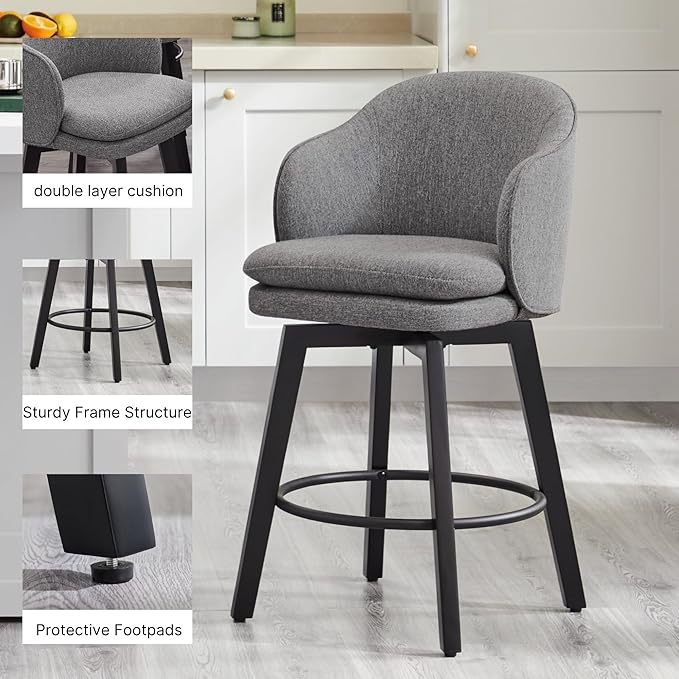 KISLOT Counter Height Barstools 26 inch Upholstered Swivel Bar Stools with Back for Kitchen Island,Set of 1,Dark Grey Fabric