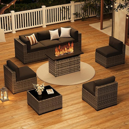 LazySunsets 12-Piece Patio Furniture Set with 44" Fire Pit Table, Wicker Outdoor Furniture, Patio Conversation Sets with Coffee Table, Outdoor Sectional Couch with Waterproof Cover, Black