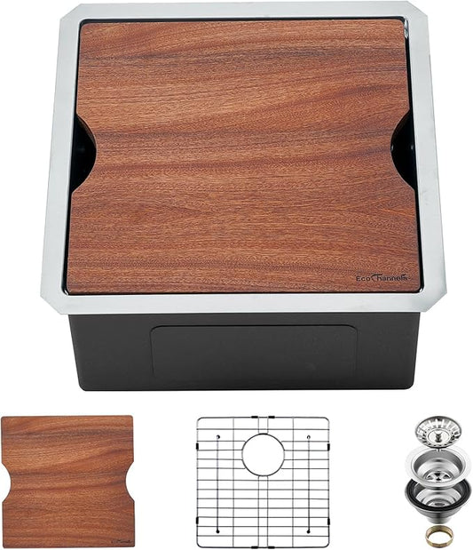 Undermount Kitchen Sink, 18 x 18 x 10 Inch Sink Kitchen 16 Gauge Stainless Steel Kitchen Sinks Single Bowl Workstation Sink with Cutting Board