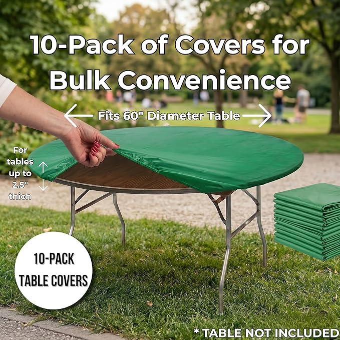 Kwik-Covers 10-Pack Fitted 60” or 72” Round Plastic Table Covers, Elastic Edge, 3 Mil Vinyl, Won’t Blow Off, Indoor/Outdoor for Picnic, Party & Trade Show Supplies (Kelly Green, 60" Round)