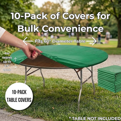 Kwik-Covers 10-Pack Fitted 60” or 72” Round Plastic Table Covers, Elastic Edge, 3 Mil Vinyl, Won’t Blow Off, Indoor/Outdoor for Picnic, Party & Trade Show Supplies (Kelly Green, 60" Round)