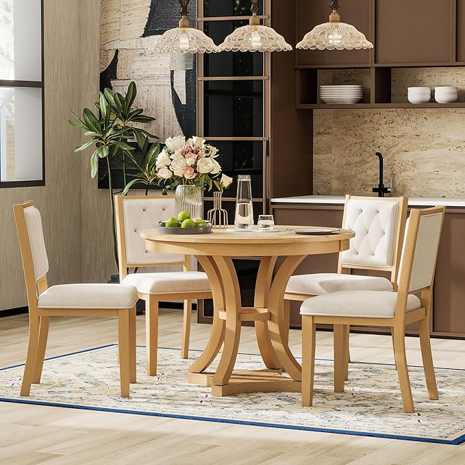 Vintage 5-Piece Extendable Round Dining Table Set for 4 with Chairs, Modern Wood Kitchen Table Set with Tufted Upholstered Chairs for Kitchen Dining Room Living Room (Natural)